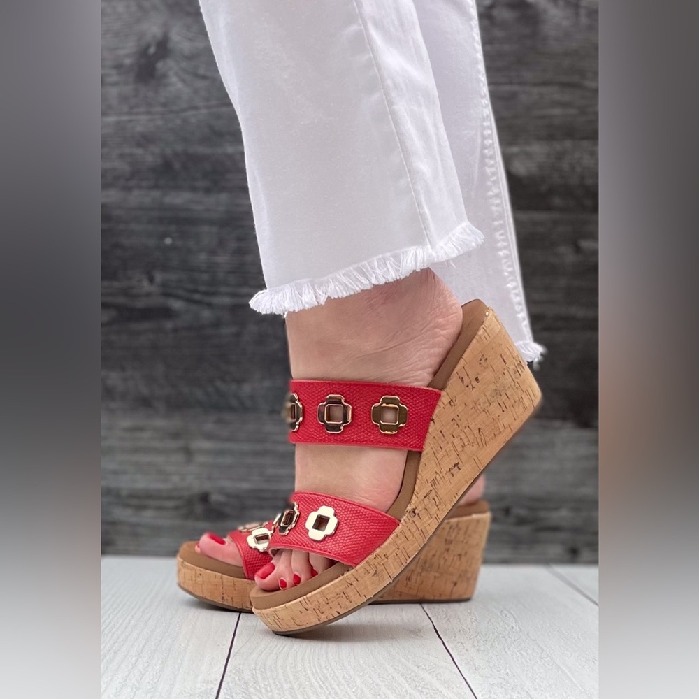 Corkys Footwear Hi Tide Wedge Sandal in Red with Gold Floral Rivets - Picture 5 of 7